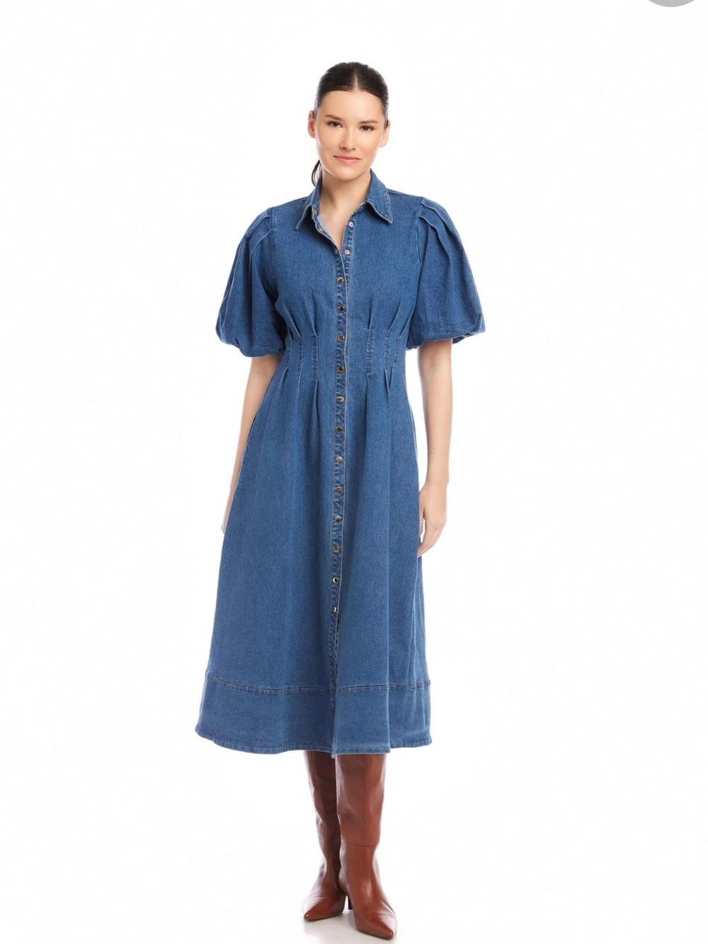 NEW HOUSE OF HARLOW PUFFER AND PLEATED WAIST SLEEVES DENIM DRESS SIZE 6 - Picture 3 of 12